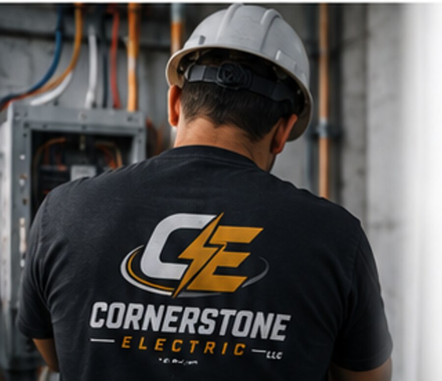 Electrician working from the back while wearing a Cornerstone Electric shirt